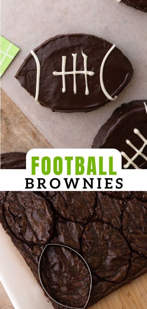 Football Brownies are the perfect themed treats to have at your big game parties this football season! These fun football brownie bites are packed with gooey chocolate chips and topped with vanilla frosting football laces. Skip the chips for your football party this weekend and make these game-day brownies instead! Football Brownies, Football Game Food, Football Themed Food, Football Desserts, Football Treats, Superbowl Desserts, Football Party Foods, Themed Treats, Bowl Party Food