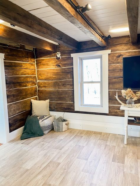 Old Cabin Interior Makeover, Small Cabin Interiors Cozy, Rustic Hunting Cabin, Cabin Interiors Cozy, Log Cabin Renovation, Canada Cabin, Small Rustic Cabin, Log Cabin Lighting, Cabin Rooms