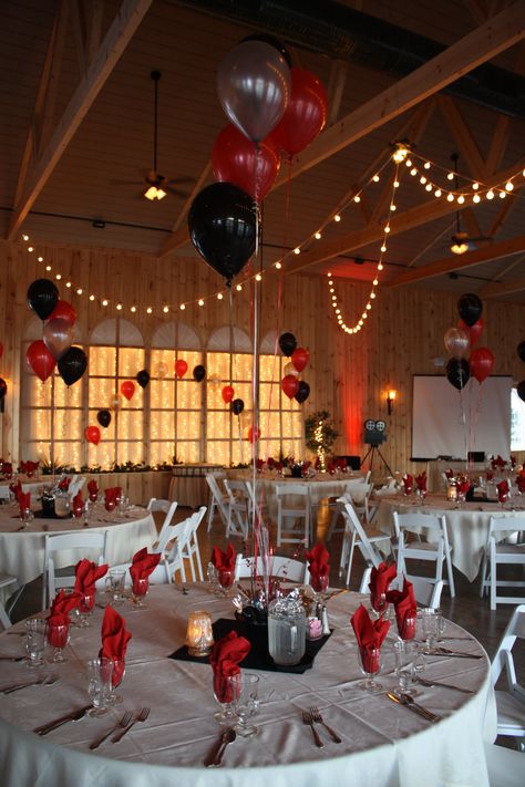 Hollywood Theme Red White And Black Old Hollywood Theme, Hollywood Theme Dinner Party, Birthday Decorations Red And Black Party Ideas, White And Red Party Theme, Movie Premiere Sweet 16, Red Carpet Prom Theme Decoration, Hollywood Theme Sweet 16 Party, Black Gold Red Party Decor, Red Prom Theme