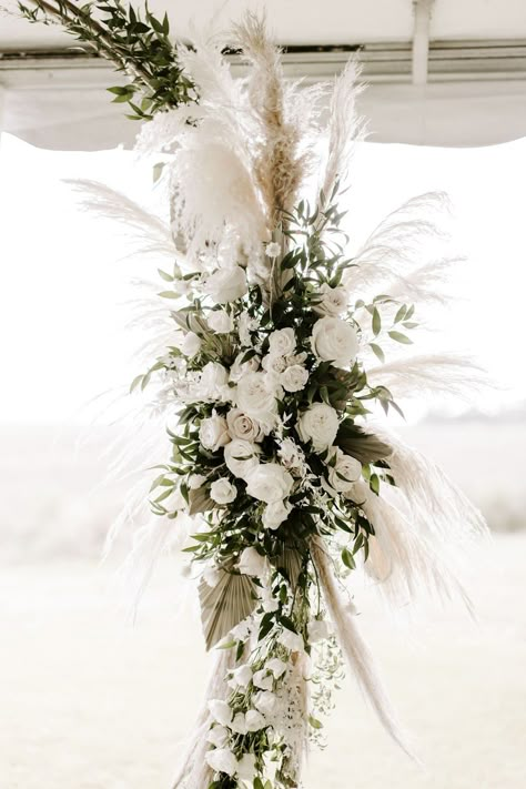 White Flowers With Pampas, Feather Arrangements Wedding, Pampas With White Flowers, Cross Floral Arrangements, Green December Wedding, Wedding Vowel Renewal, White Hydrangea Wedding, Oct Wedding, Flower Wedding Decor