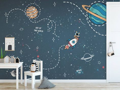 Boys Room Wallpaper, Outer Space Wallpaper, Kids Room Wall Murals, Kindergarten Wallpaper, Space Themed Room, Space Themed Bedroom, Wallpaper Galaxy, Kids Room Murals, Murals For Kids