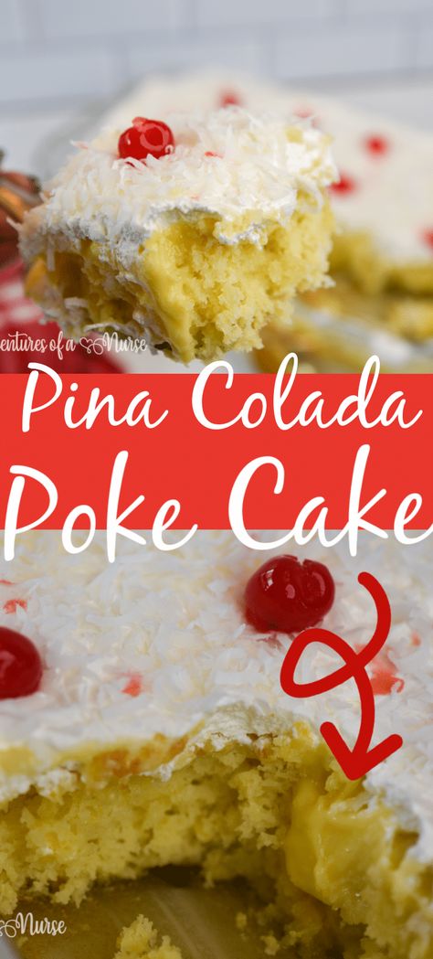 This super moist pineapple and coconut pina colada cake combines cake mix, vanilla pudding, shredded pineapple and can of cream of coconut that is then topped with cool whip and shredded coconut to create the perfect tropical dessert perfect for parties and get-togethers with friends and family. Pina Colada Poke Cake, Pina Colada Cake, Poke Cake Recipe, Tropical Desserts, Paleo Snack, Poke Cake Recipes, Poke Cakes, Poke Cake, Vanilla Pudding