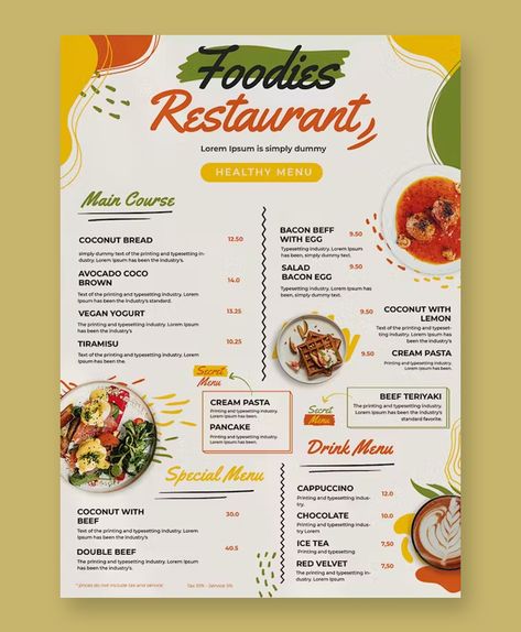 Foodies Menu Template PSD Menu Sans Gluten, Birthday Banner Background Hd, Menu Cafe, Green Cafe, Menu Food, Coconut Bread, Food Menu Template, Menu Design Template, Menu Book