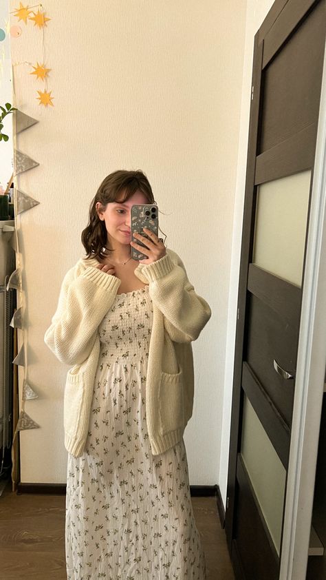 Floral Dress And Cardigan Outfit, Cardigan On Dress, Cardigan Over Dress Outfit, Comfy Cardigan Outfit, Long Dress With Cardigan, Cardigan And Dress Outfit, Ribbed Dress Outfit, Cardigan Over Dress, Mission Outfits