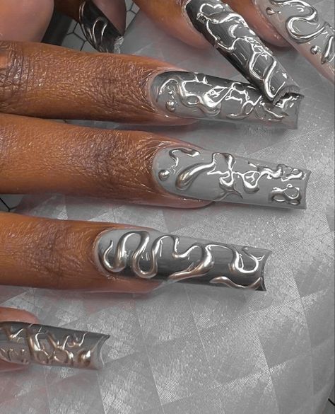 Gray Acrylic Nails, Silver Acrylic Nails, Grey Nail, Grey Nails, Grey Nail Designs, Finger Art, Long Acrylic Nail Designs, Cute Birthday Outfits, Pretty Nail Designs