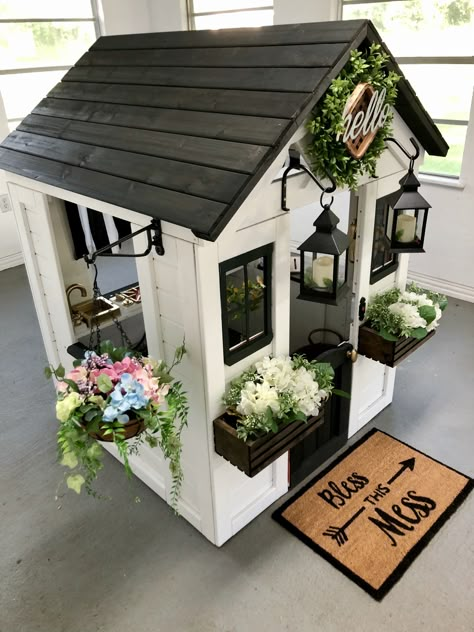 Playhouse Makeover For Dog, Playhouse Flower Boxes, Play House To Dog House, Kids Playhouse Outdoors Interior, Kids Playhouse Outdoors Girls, Playhouse Decor, Backyard Kids Play Area, Play Area Backyard, Backyard Playhouse