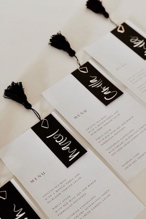 STATIONERY | NgLp Designs shares Bare Ink Company on Instagram ~ menu design with black tassels | calligraphy, hand lettered, stationery,  name card, black ink /// #stationery #calligraphy #tassels Tassel Place Cards, Black Menu Design, British Accent, Carton Invitation, Wedding Menu Cards, Black And White Wedding, Invitation Inspiration, Wedding Signage, Wedding Candles