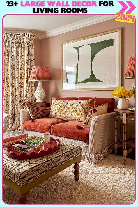 Warm, vintage-inspired living room with large abstract wall decor in bold colors, creating a cozy and inviting space. Ideal large wall decor for living room with a touch of charm and playfulness. Sarah Vanrenen, Large Wall Decor Ideas, Oxford Town, Coastal Glam, Palmetto Bluff, Pink Living Room, Colourful Living Room, Wall Decor Ideas, Town House