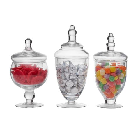 PRICES MAY VARY. STYLISH SET: includes three glass jars SO MANY USES: perfect for displaying small décor pieces, keeping cotton balls or swabs easily accessible, storing candy, and more DECORATIVE & FUNCTIONAL: the unique silhouettes and stunning glass designs bring a classic look to your décor VERSATILE: great for bedrooms, bathrooms, kitchens, and living rooms THE PERFECT SIZES: measures 4.33" L x 4.33" W x 10.24" H; 4.33" L x 4.33" W x 9.45" H; and 4.53" L x 4.53" W x 8.27" H Clear Wedding Decor, Candy Buffet Containers, Jar Display, Glass Candy Jars, Glass Apothecary Jars, Storage Table, Glass Jars With Lids, Cotton Balls, Glass Candy