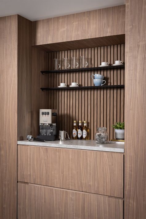 Wood Slat Backsplash Kitchen, Coffee Corner Ideas In Living Room, Slat Wall Kitchen, Single Wall Kitchen Design, Wood Paneling Kitchen, Wood Panel Kitchen, Wall Cupboards Design, Internal Cladding, Modern Rustic Kitchen Design