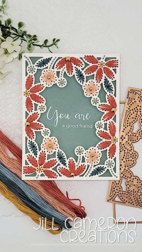 Spellbinders Stitched Dies, Spellbinder Cards Ideas, Spellbinders Stitching Dies, Stitched Cards Handmade, Spellbinders Stitched Cards, Stitching Dies, Card Embroidery, Stitched Cards, Basic Hand Embroidery Stitches