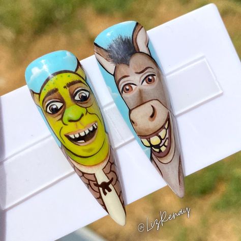 Donkey Nail Art, Shrek X Donkey, Shrek Nail Art, Shrek Nails, Glamour Nails, Nail Tutorials, Shrek, Nails Inspiration, Press On Nails