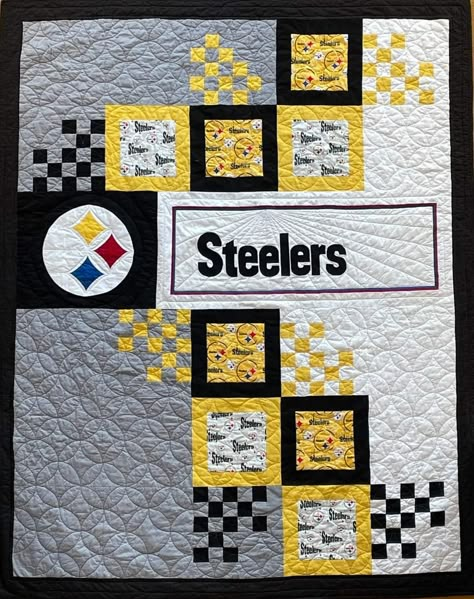 Steelers Quilt, Mens Quilts, Easy Quilt Projects, College Quilts, Sew A Quilt, Football Quilt, Sports Quilts, Team Theme, Pittsburgh Steelers Logo