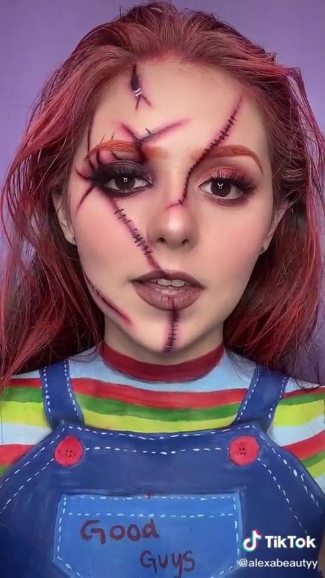 Womens Chucky Makeup, Women Chucky Makeup, Chuky Doll Makeup, Chunky Halloween Makeup, Chucky Eyeshadow Look, Chucky Inspired Makeup, Easy Chucky Makeup, Female Chucky Makeup, Chucky Costume Makeup