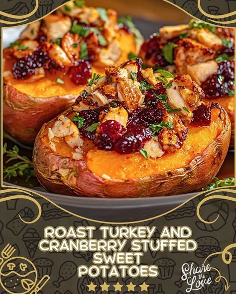 Yummy Food | Each sweet potato is generously stuffed with seasoned turkey and topped with a homemade cranberry sauce, creating a satisfying and visually appealing ... | Facebook Roast Turkey And Cranberry Stuffed Sweet Potato, Roast Turkey And Cranberry Stuffed Sweet Potatoes, Turkey Stuffed Sweet Potato, Roasted Meals, Seasoned Turkey, Turkey And Cranberry, Luscious Recipes, Glazed Turkey, Sweet Potato Thanksgiving