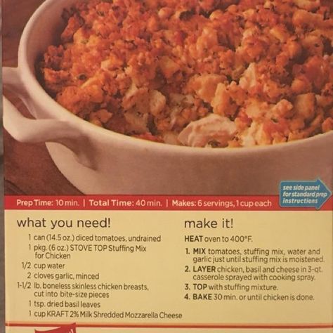 Saw this recipe on the back of a Stove Top Stuffing Box that I bought. I already had everything that I needed in my home except for 1 ingredient. The only thing I would add to this recipe is to marinade or season the chicken prior to baking. Without that step, it was a tad bland. Super easy, delicious, and made a lot! Bruschetta Chicken Bake, Stovetop Stuffing, Chicken Bruschetta Bake, Chicken Bruschetta, Stove Top Stuffing Mix, New Dinner, Dinner Ideas Easy, Bruschetta Chicken, Chicken Bake