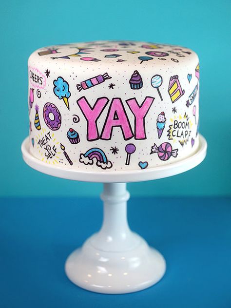 Cute idea!  Cover a cake with white fondant and use food markers to decorate! Triple Layer Chocolate Cake, Doodle Cake, A Birthday Cake, Painted Cakes, Cake Cover, Fondant Cakes, Creative Cakes, Cute Cakes, Cake Inspiration