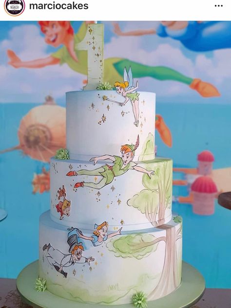 Peter Pan Cake Ideas, Peter Pan Birthday Cake, Peter Pan Cake, Peter Pan Cakes, Pen Cake, Tinkerbell Cake, Peter Pan Party, Onederland Birthday Party, Boys 1st Birthday Party Ideas