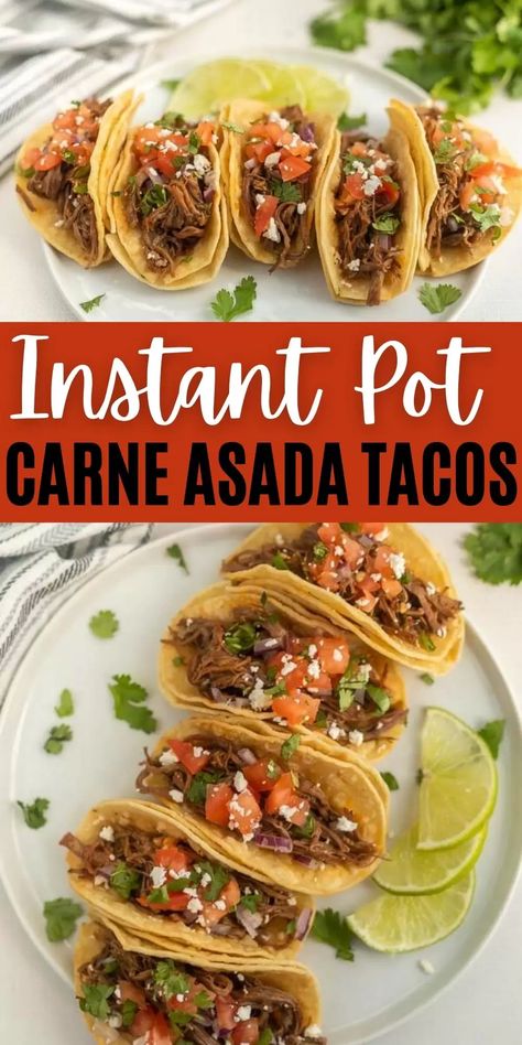 Do you need a quick meal idea? Instant Pot Street Tacos will impress the entire family with amazing flavor and tender beef. Make this today. These instant pot carne asada makes the best tacos with flank steak. #eatingonadime #instantpotrecipes #steakrecipes #streettacos Instant Pot Street Tacos, Carne Picada Recipes, Steak Taco Recipe, Mushroom Garlic, Street Taco Recipe, Taco Lasagna, Pesto Shrimp, Shrimp Fettuccine, Easy Taco Recipes