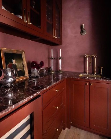 Aria Stone Gallery | Our Rosso Levanto Italian marble is known for having a deep red color with lively white veining. It adds a unique warmth and complexity to... | Instagram Maroon Ceiling, Red Marble Countertops, Red Marble Kitchen, Burgundy Kitchen, Marble Kitchen Counters, Vegas Club, Stone Countertops Kitchen, Red Cabinets, Cherry Cabinets