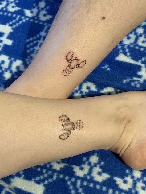 Friends Show Matching Tattoos, Small Maine Tattoo, Lobster Matching Tattoos, Matching Lobster Tattoos, Lobster Couple Tattoo, Matching Florida Tattoos, Friends Tv Show Tattoo Ideas Matching, Fine Line Lobster Tattoo, Lobster Tattoo Small Couple