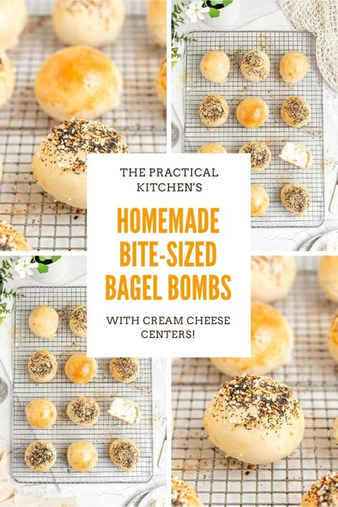 homemade bite sized bagel bombs stuffed with cream cheese Cream Cheese Stuffed Bagel Bites, Stuffed Bagel Balls, Bagel Bombshell, Cream Cheese Stuffed Bagels, Plain Bagel Recipe, Easy Bagels Recipe Homemade, Homemade Bagel Bites, Stuffed Bagel Bites, Stuffed Bagels