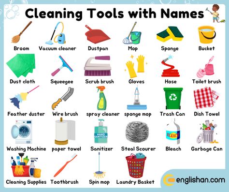 Cleaning Tools with Names with Pictures Cleaning Vocabulary, Picture Vocabulary, Cleaning Supplies List, Learn Vocabulary, English Learning Books, Language Centers, Free Preschool Worksheets, English Vocab, Good Vocabulary Words