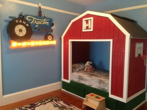 a barn bed is an adorable option for a rustic room Boys Farm Bedroom, Farm Boy Room, Tractor Bedroom, Tractor Bed, Tractor Room, Barn Bed, Toddler Bed Boy, Farm Room, Boy Bed