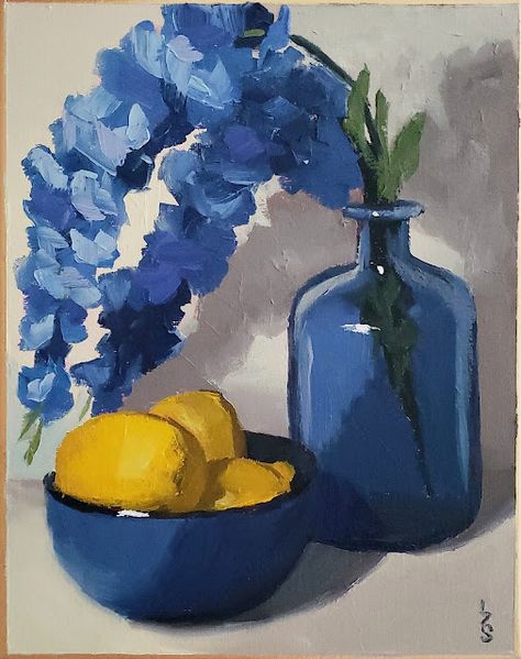 Contemporary impressionist still life oil painting of blue flowers in a blue glass vase and a bowl of lemons against a tan background. Great home decor for kitchens, living rooms and guest rooms. Happy summer themed gift for Mother's Day, anniversaries or housewarming. Blue Flower Oil Painting, Still Life Vase Painting, Still Lives Painting, Blue Vase Painting, Oil Painting Inspo Easy, How To Paint Still Life, Blue Themed Paintings, Contemporary Still Life Painting, Still Life Art Reference