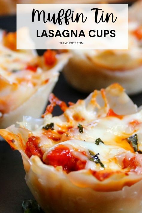 Muffin Tin Lasagna Cups - The WHOot Wonton Lasagna Cups, Muffin Tin Lasagna Cups, Muffin Tin Sushi Cups, Lasagna Muffin Cups, Lasagna Cups Recipe, Lasagna Bites Appetizers, Lasagne Bites, Lasagna Muffins, Muffin Tin Recipes Dinner