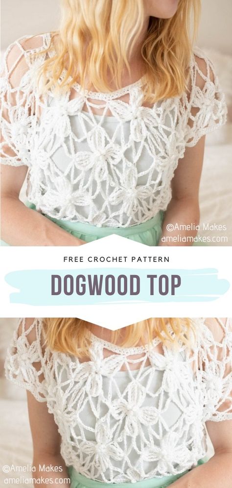 Crochet Lace Blouse Pattern, Crochet Lacy Summer Tops Free Patterns, Crochet Lace Clothes, Crochet Dogwood Flower Free Pattern, Free Crochet Lace Top Patterns, Lacy Sweater Crochet Pattern, Crochet Lace Flower Motif, Flower Crochet Top Pattern Free, Free Crochet Pattern Summer Top