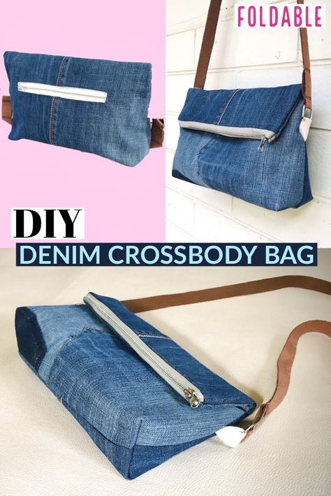 DIY Denim Crossbody Bag Tutorial with Pattern. Learn how to sew a stylish tote bag with step-by-step instructions and #Diy_Jeans_Bag_Tutorial #Jeans_Bags_Ideas #Crossbody_Bag_Tutorial #Diy_Jean_Bag Diy Jeans Bag Tutorial, Jeans Bags Ideas, Crossbody Bag Tutorial, Diy Jean Bag, Diy Bags Tutorial, Artisanats Denim, Crossbody Bag Diy, Pattern Jeans, Foldover Bag