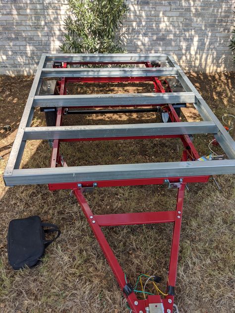 I got the folding utility trailer from Harbor Freight Tools. The fenders stick up above the floor level, so it was necessary to elevate the floor using 16 gauge steel channels. C Channel Steel Ideas, Harbor Freight Trailer, Folding Utility Trailer, Teardrop Trailer Plans, Shed Tiny House, Diy Camper Trailer, Steel Channel, Kayak Trailer, Trailer Wiring