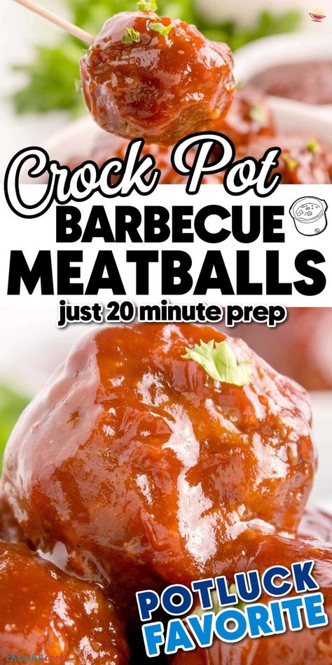 Serve up a plate of these delicious BBQ Meatballs at your next family dinner or party. They're easy to make and always a hit, ensuring your meal is as stress-free as it is tasty. #CheerfulCook #Potluck #appetizer #BBQMeatballs #dinner #party #meatballs ♡ cheerfulcook.com Crockpot Meatball Recipes, Homemade Bbq Meatballs, Crockpot Meatballs, Barbecue Meatball Recipes, Crock Pot Inspired Meatball Recipes, Bbq Meatballs Crockpot, Party Meatballs, Bbq Meatball Recipe, Crock Pot Inspired Beef Recipes