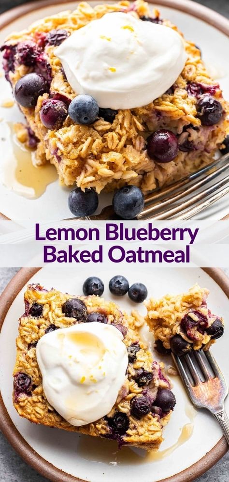 Lemon blueberry baked oatmeal is made with fresh lemon zest and juice and studded with sweet juicy blueberries! This nutritious lemon baked oatmeal is perfect for meal prep, a lazy weekend breakfast, or an afternoon snack. #bakedoats #bakedoatmeal #lemon #blueberries #healthyrecipes #healthybreakfast #oatmeal #mealprep Overnight Oatmeal Casserole, Baked Oatmeal Freezer Meal, Baked Oatmeal Breakfast Casserole, Baked Oatmeal For A Crowd, Freezer Baked Oatmeal, Dump And Bake Breakfast, Overnight Oats Baked, Overnight Oats Casserole, Overnight Baked Oatmeal Recipes