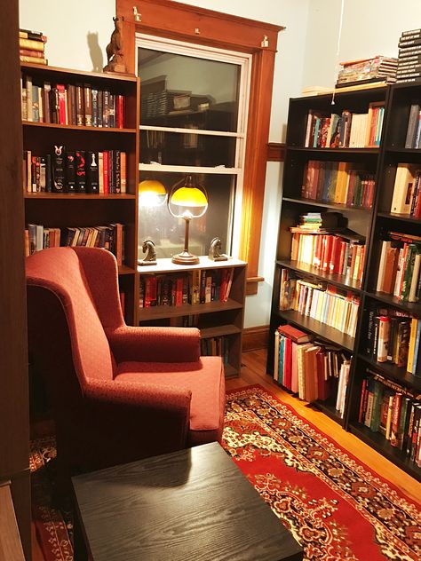 My home library Need wall shelves for my books. Either put one in the hallway or my sewing room Small Home Library Design, Small Library Room, Library Design Home, Small Home Library Ideas, Library Room Design, Small Home Libraries, Small Home Library, Home Library Design Ideas, Cozy Home Library