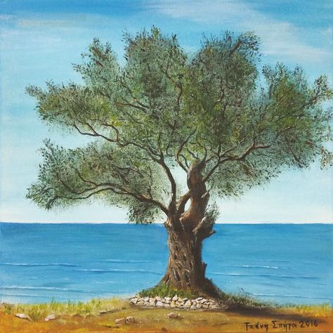 Painting Olive Tree, Olive Tree Painting Acrylics, Olive Tree Painting, Tree Acrylic Painting, Scenery Paintings, Boat Painting, Customised Mugs, Tree Drawing, Olive Tree