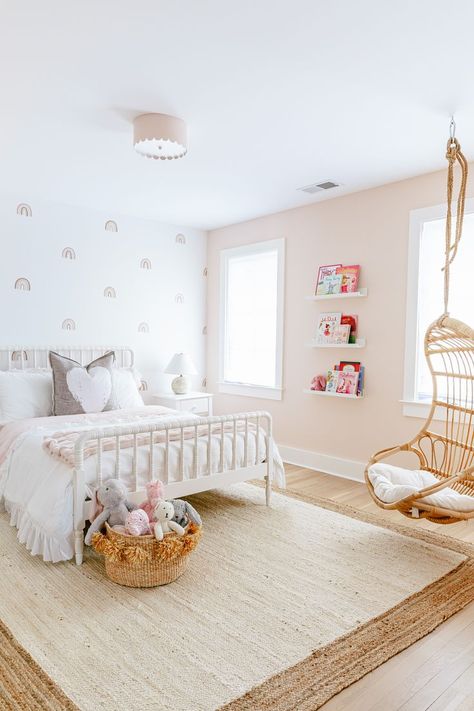 Toddler Girl Room Minimalist, Farmhouse Rainbow Bedroom, Intimate White Sherwin Williams Bedroom, Intimate White Nursery, Muted Rainbow Bedroom, Intimate White Sherwin Williams Nursery, Modern Toddler Girl Room, Intimate White Sherwin Williams, Pink Rainbow Room