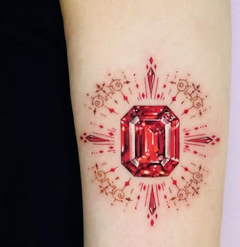 Ruby Tattoo, Jewelry Tattoo Designs, All Seeing Eye Tattoo, Gem Tattoo, Bright Tattoos, Jewel Tattoo, Becoming A Tattoo Artist, Crystal Tattoo, Ring Finger Tattoos