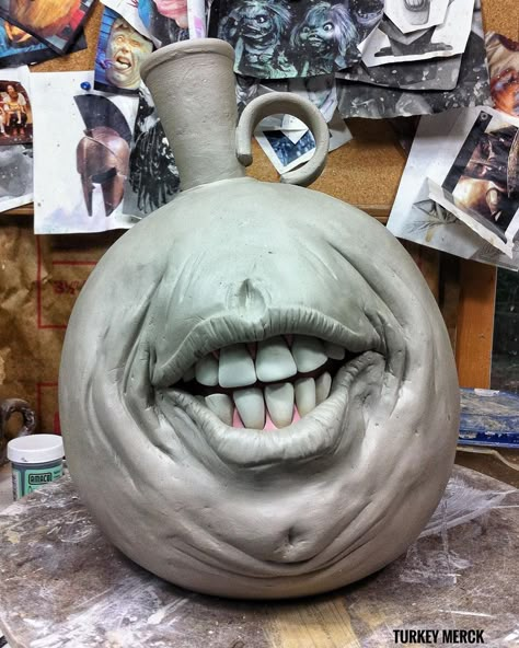 Don’t worry...be happy. How I feel when I finally have a little time to sculpt something. Mouth Jug from back in the. Stoneware. WIP.… Jug Head, Face Jugs, Human Sculpture, Ceramic Art Sculpture, Face Carving, Abbott And Costello, Arts Gallery, Ceramic Stoneware, Ceramic Workshop