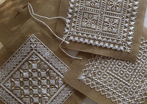 Blackwork Embroidery, Hardanger Embroidery, Needlepoint Stitches, Needlepoint Patterns, Crewel Embroidery, Hand Embroidery Stitches, Linen Style, Vintage Embroidery, Embroidery Inspiration