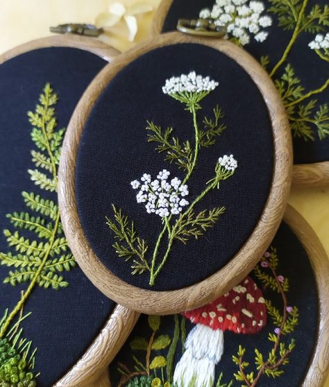 Embroidered Wild Flowers, Wild Flowers Embroidery, Embroidery Wild Flowers, Embroidery On Black Fabric, Wild Flower Embroidery, Witchy Embroidery, Moss Embroidery, Embroidery Umbrella, Umbrella Embroidery