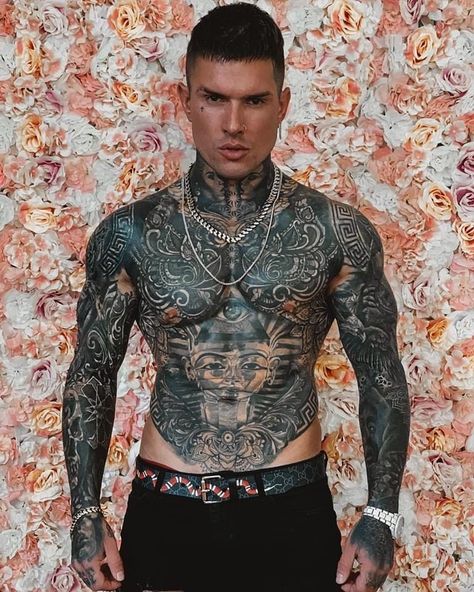 Full Front Tattoo, Front Tattoo, Andrew England, Word Tattoos With Meaning, Word Tattoo Ideas, Male Fitness Model, Chest Tattoo Ideas, Torso Tattoos, Word Tattoo