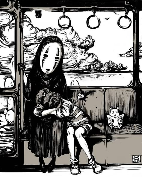 Studio Ghibli Manga Panels, Ghibli Art Draw, No Face And Chihiro, Studio Ghibli Manga, Ghibli Drawing, Drawing Training, Train Scene, Ghibli Tattoo, Ink Pen Art