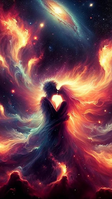 Join in the divine dance of cosmic lovers as the radiant Divine Masculine and beautiful Divine Feminine interweave their energies, creating an enchanting ballet in the celestial sphere. 💫💕🌌 Divine Masculine Art, Cosmic Love Art, Divine Love, Two Lovers Art Twin Flames, Spiritual Couple Art Twin Flames, Divine Masculine Twin Flames, Witchcraft Love Spells, Mindfulness Art, Twin Flame Art