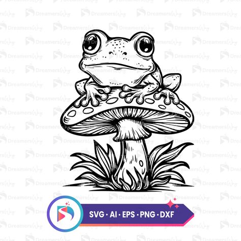 Frog Sitting On Mushroom, Mushroom Line Art, Frog On A Mushroom, Frog On Mushroom, Mushroom Vector, Frosch Illustration, Frog Clipart, Line Art Digital, Frog Illustration