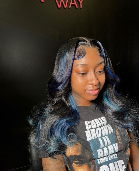 Sew In With Blue Highlights, Birthday Makeup Blue, Sew In With Color, Black And Blue Hair, Bday Hair, Royal Blue Hair, Natural Hair Bun Styles, Curly Hair Drawing, Black Ponytail Hairstyles