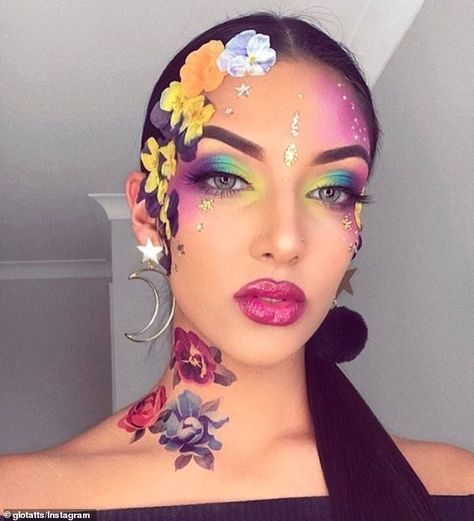 Prom Hair And Makeup, October Makeup, Pride Ideas, Fairy Make-up, Fairy Ball, Themed Makeup, Flower Makeup, Neon Makeup, Artist Makeup