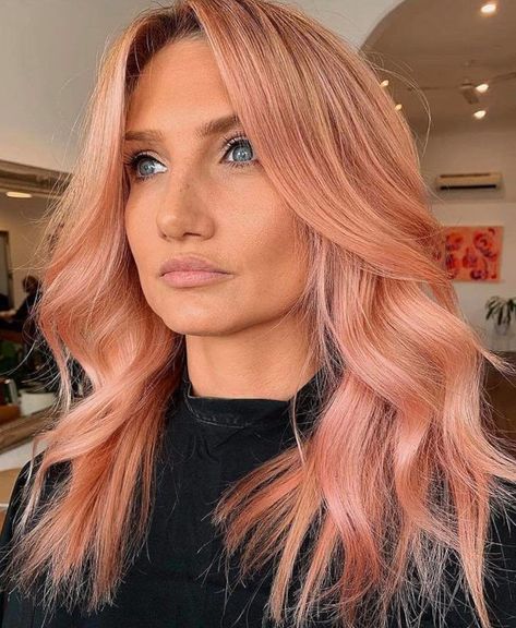 Peachy Blonde, Blonde And Pink Hair, Hair Color For Fall, Blonde And Pink, Peach Hair Colors, Pink Hair Color, Light Pink Hair, Strawberry Blonde Hair Color, Peach Hair