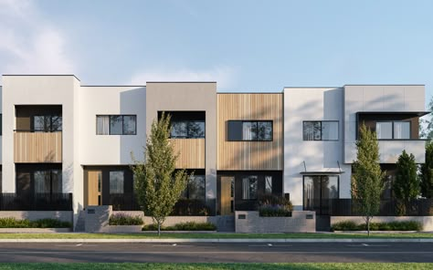 Modern Townhouse Designs Exterior, Townhomes Architecture, Modern Townhome Floor Plans, Scandinavian Row Houses, Small Row House Design, Stacked Townhouse Plans, Modular Townhouse, Townhome Design, Contemporary Townhouse